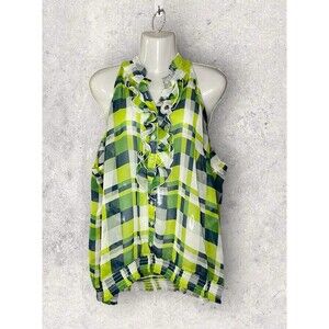 Vintage Dots Ruffled Halter Neckline Check Print Smocked Sleeveless Blouse 3X